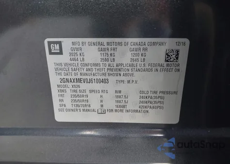 2018 Chevrolet Equinox Premier из США, поврежденный, VIN 2GNAXMEV0J6100403